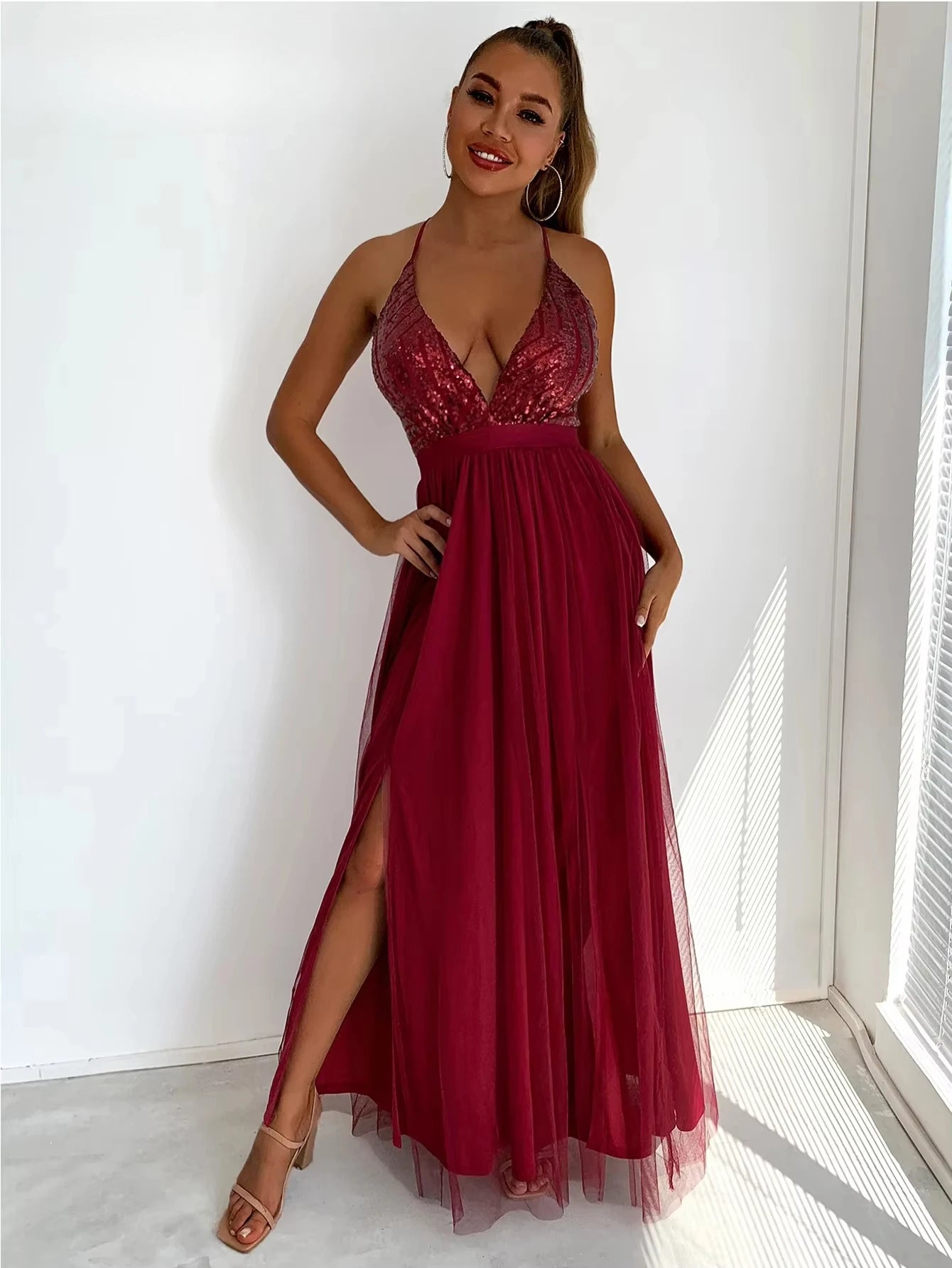 Sexy backless slip Sequin corset maxi summer dress women mesh long bodycon red Christmas party dress bridesmaid evening dresses