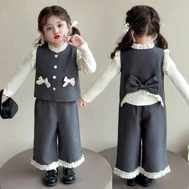 Children Clothing Sets Girls Lace Bow Vest +Casual Base Shirt+wide Leg Pants Three Piece Set Fashion Little Kids Casual Suit