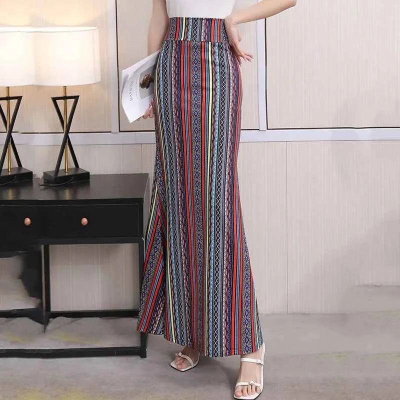 African Floral Long Skirts For Women 2025 New Summer Flower Print Women Plus Size Ladies Jupe Sexy Knit Hip Skirt Beach Saia 3XL