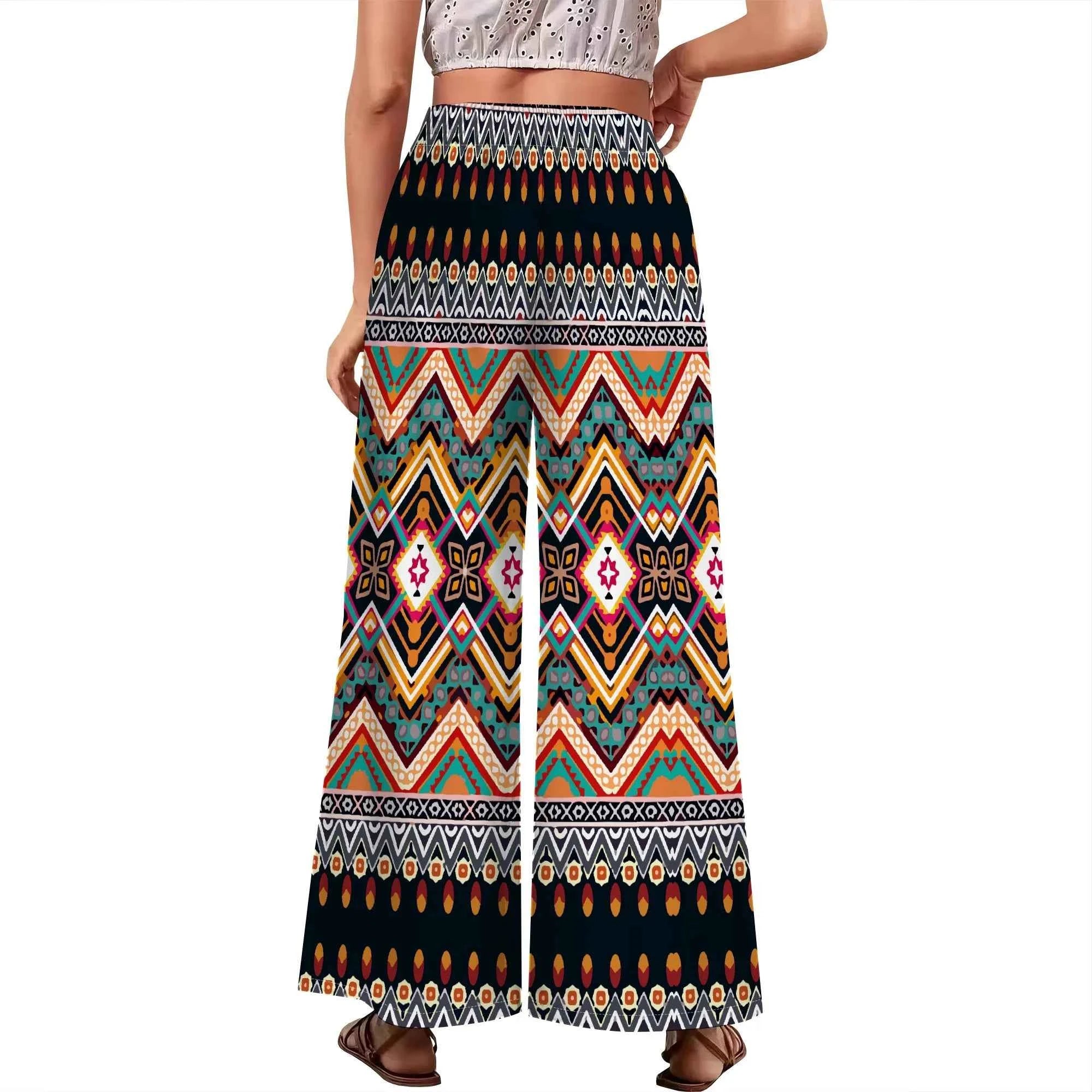Women's Summer Wide Leg Pants African High Wasited Baggy Palazzo Pants Casual Bell Bottom Elastic Waist Pants