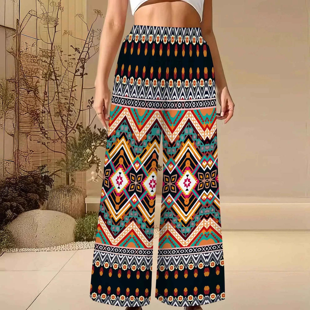 Women's Summer Wide Leg Pants African High Wasited Baggy Palazzo Pants Casual Bell Bottom Elastic Waist Pants