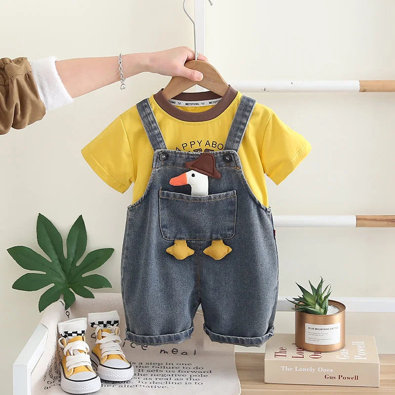 Set Bambino 2 Pezzi Papera - T-Shirt e Salopette Jeans Casual