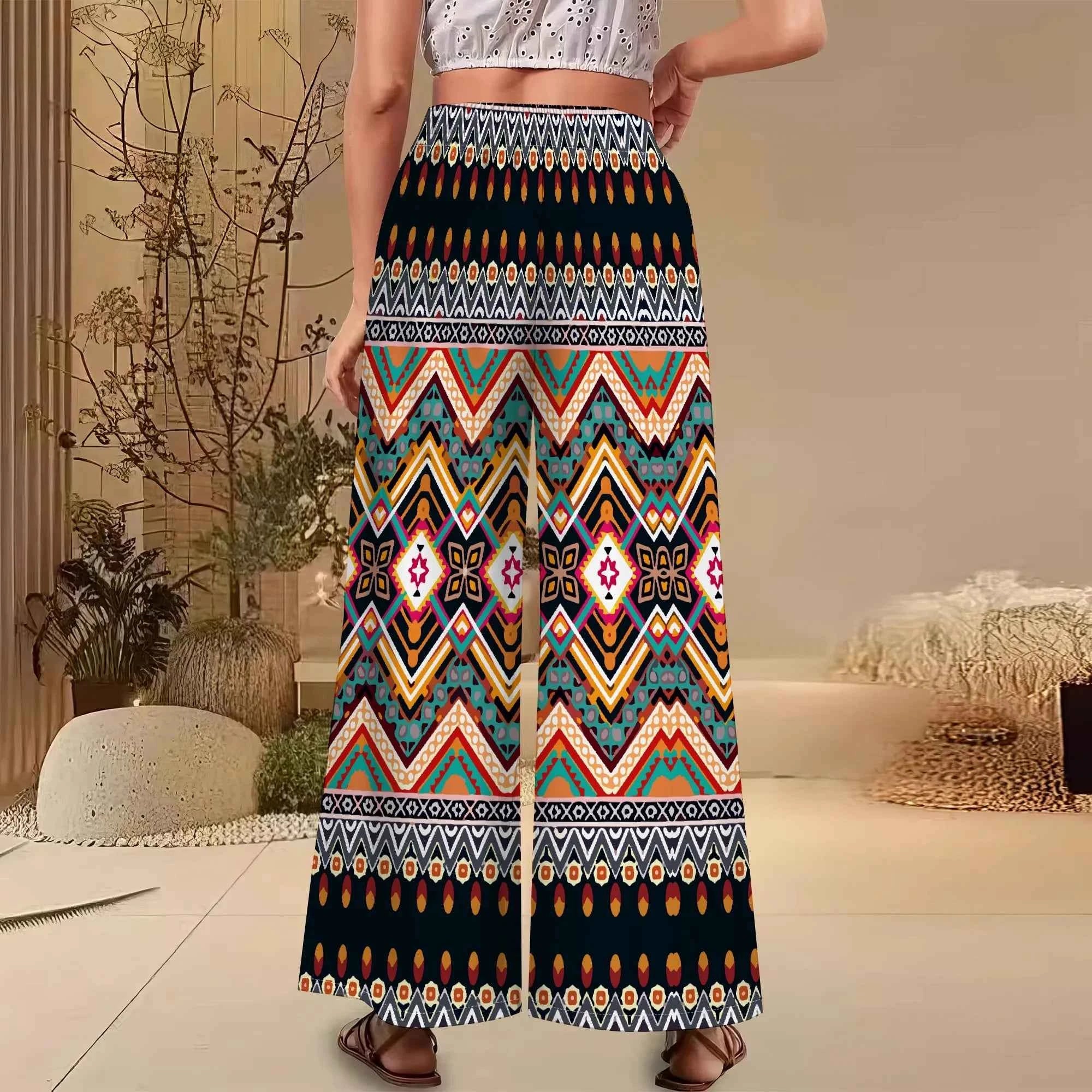 Women's Summer Wide Leg Pants African High Wasited Baggy Palazzo Pants Casual Bell Bottom Elastic Waist Pants