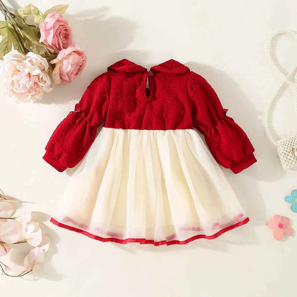 Children's Clothing Autumn New Style Girls' Dress Girls' Big Bow Children's Long Sleeved Sweet Mesh Skirt
