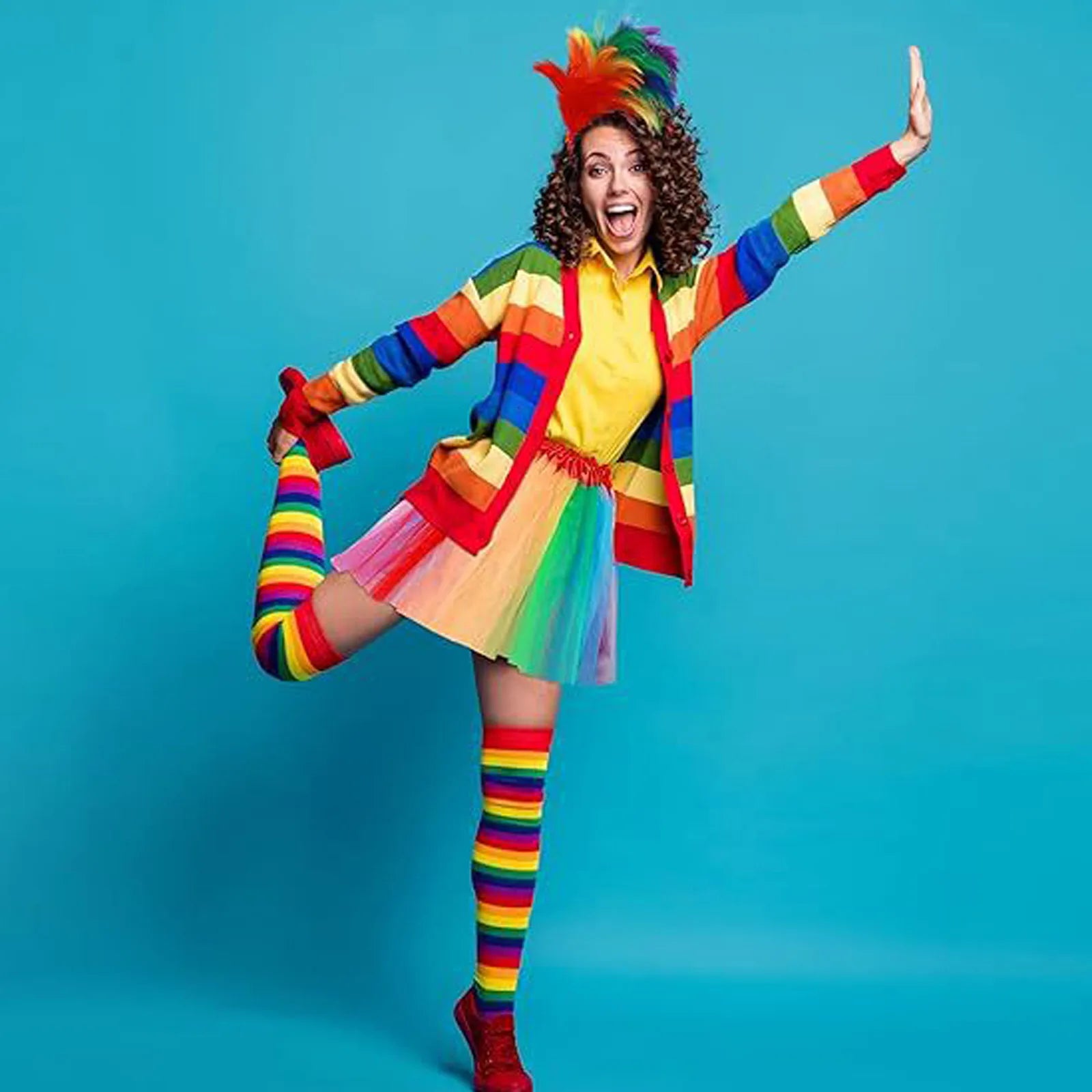 ostume Carnevale Donna - Gonna Chiffon Midi con Fascia Piume e Calze a Righe per Spettacoli