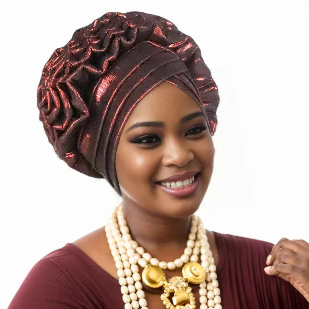 New Fashion African Auto Gele Headties Muslim Glitter Ruffled Turban Hijab Bonnet Nigerian Wedding Festival Baotou Hat for Woman