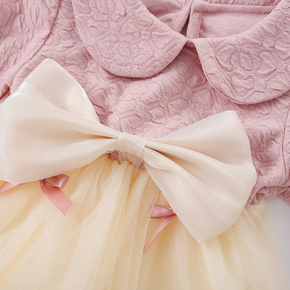 Vestito Bambina Autunno con Fiocco - Abito Maniche Lunghe in Tulle Dolce