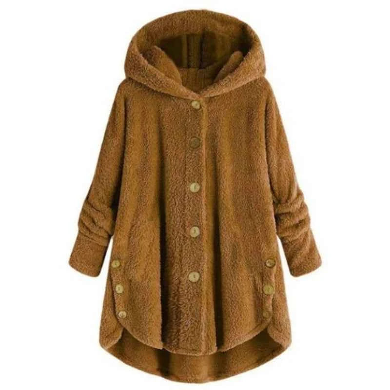 Winter Women's Coat Cute Cats Ears Velvet Hooded Irregular Hem Buttons Plush Jacket Fleece Oversized Hoodie Coat