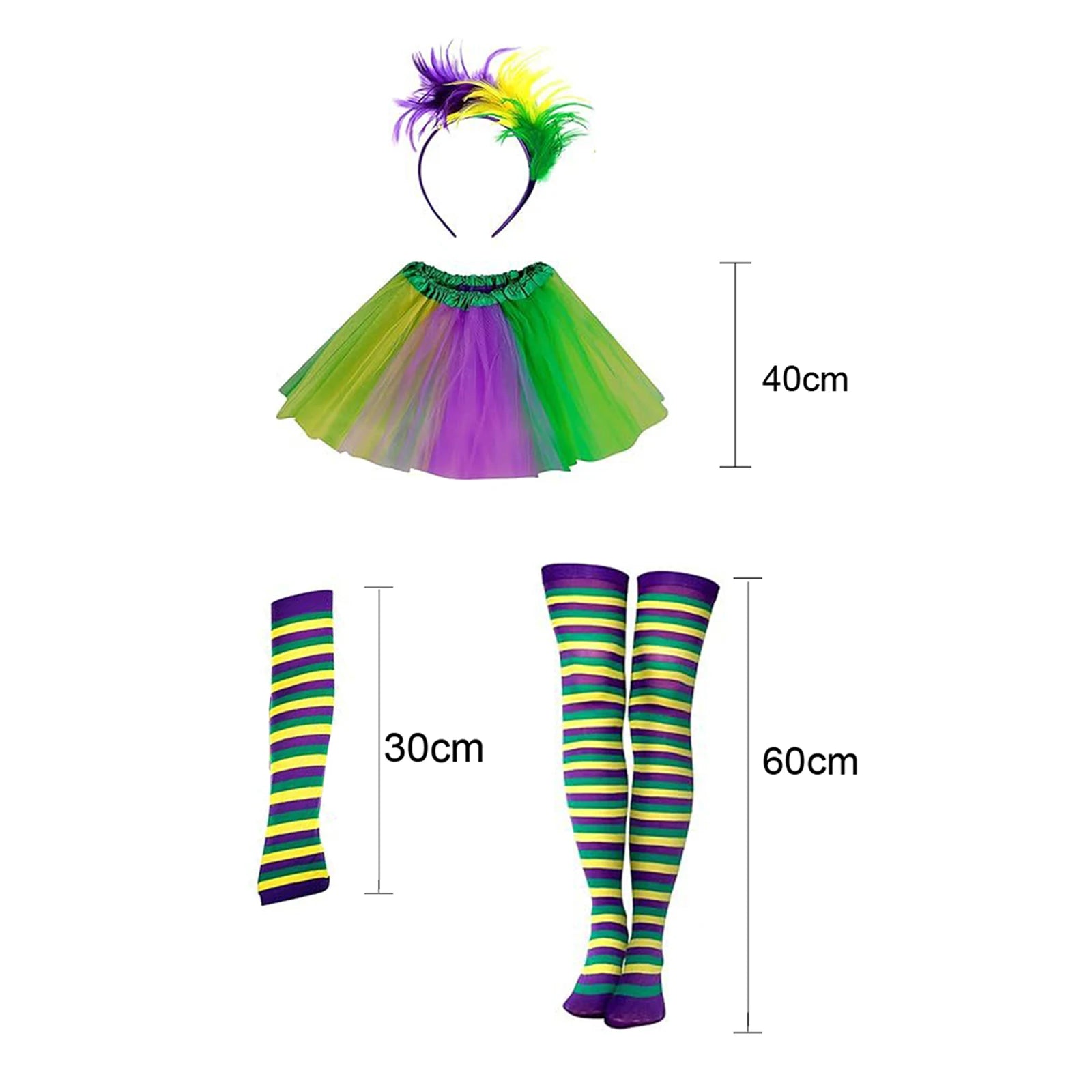 ostume Carnevale Donna - Gonna Chiffon Midi con Fascia Piume e Calze a Righe per Spettacoli