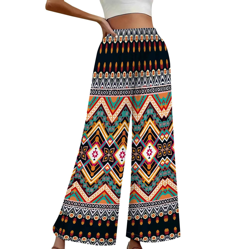 Women's Summer Wide Leg Pants African High Wasited Baggy Palazzo Pants Casual Bell Bottom Elastic Waist Pants