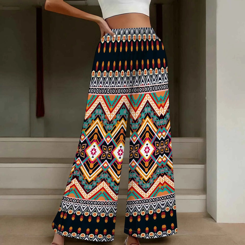 Women's Summer Wide Leg Pants African High Wasited Baggy Palazzo Pants Casual Bell Bottom Elastic Waist Pants
