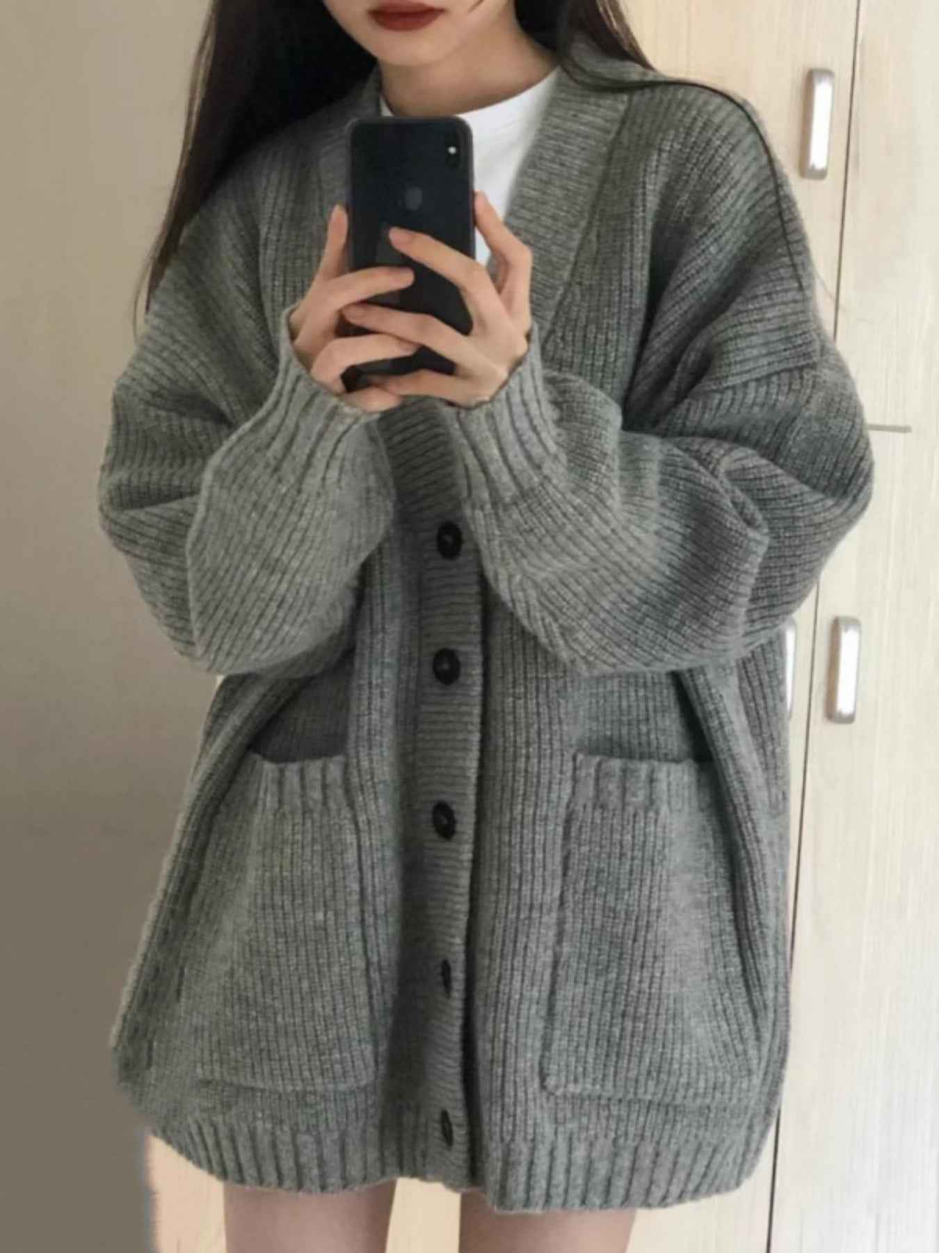 Women'S 2025 New V-Neck Cardigan Sweater Coat - Loose Mid-Length Button-Front Closure, Long Sleeve Winter Warmth, Casual to Semi-Formal Solid Color Sweater Jacket, Versatile Everyday Outerwear for Fall & Winter, Easy-Care Coz