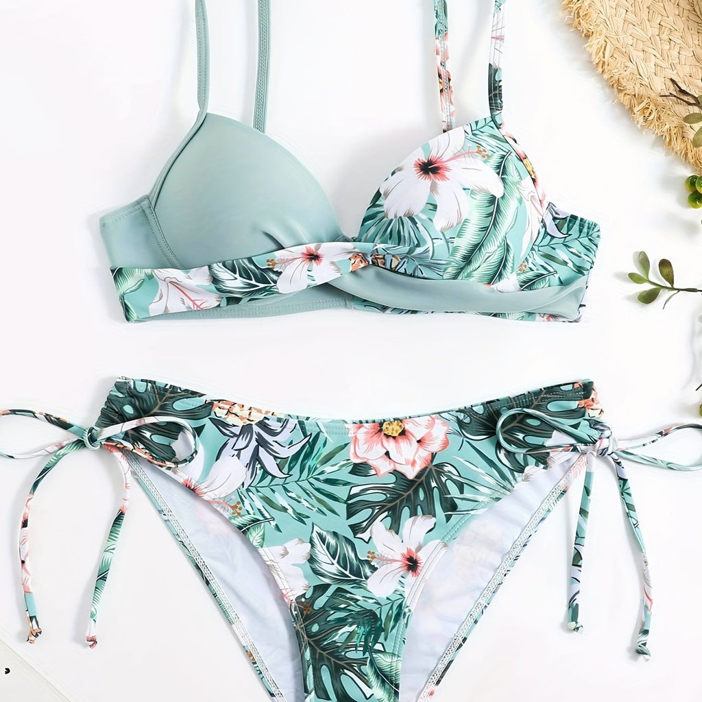 Bikini Donna 2 Pezzi Tropicale High Cut - Collo V Spalline Arricciate Laccetti
