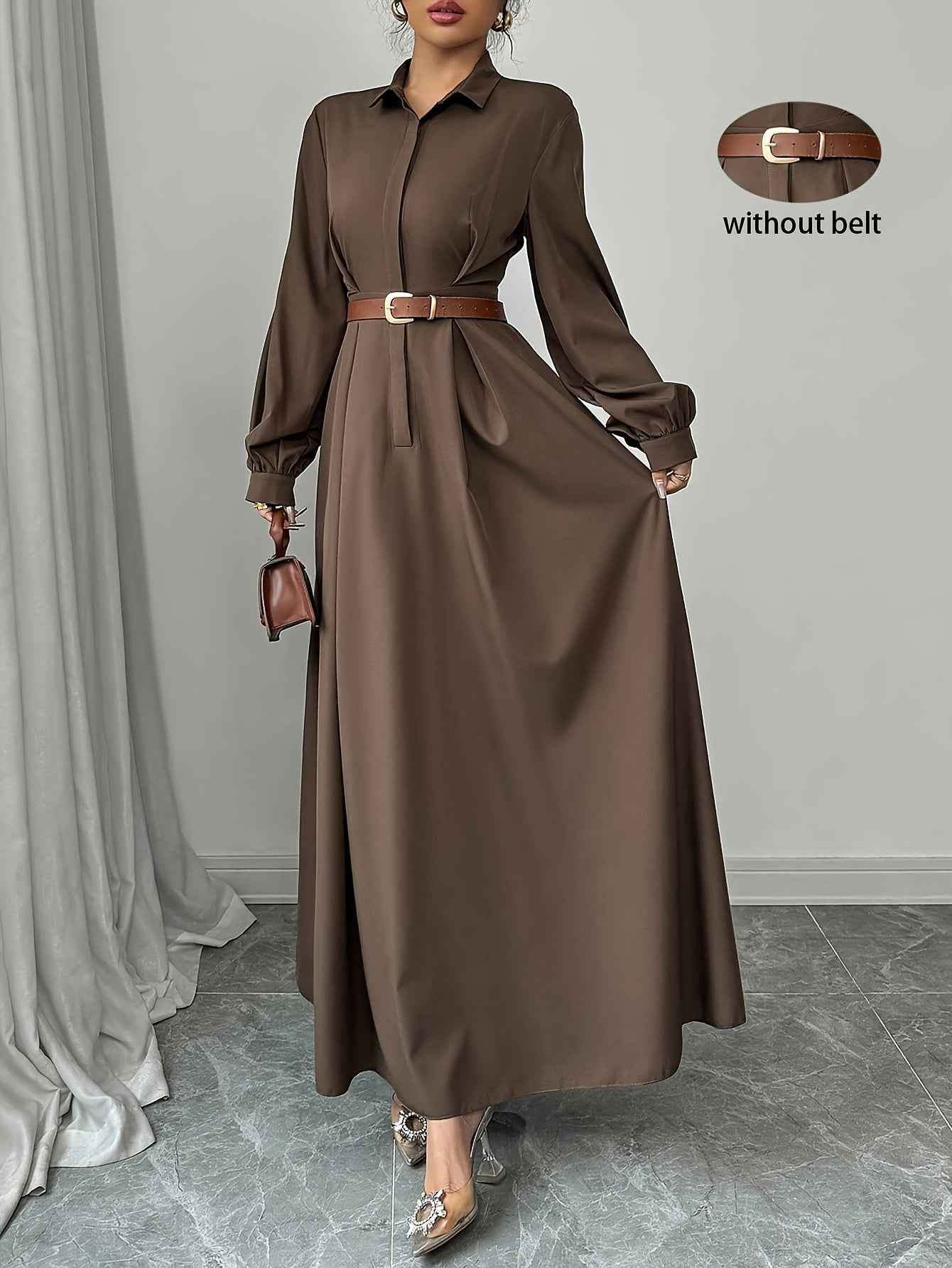 Ladies' Elegant Commuter Solid Color Lantern Sleeve Dress, Autumn Long Women Clothing Without Belt, Office Attire Dress, Daily Wear Dress, Non Belted Dress, Solid Color Dress, Minimalist Aesthetic, Solid Color Style, Tailored