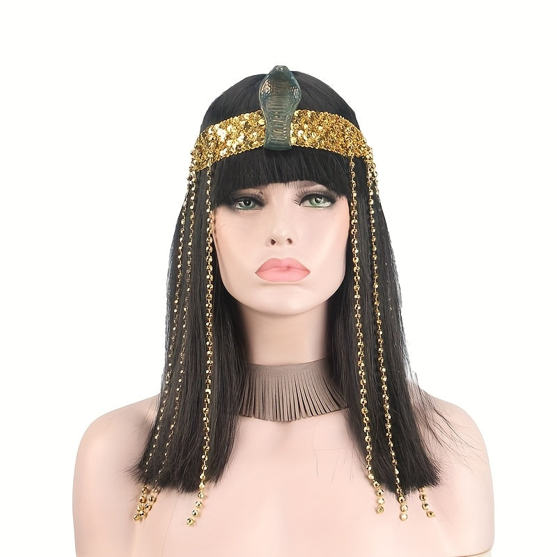Women's Egyptian Queen Costume Wig with Headpiece - Straight Black Synthetic Hair with Bangs & Golden Accents, Nefertiti-Inspired Ancient Egyptian Makeup Look for Halloween, Themed Parties, Cosplay - Comfortable & Durable for