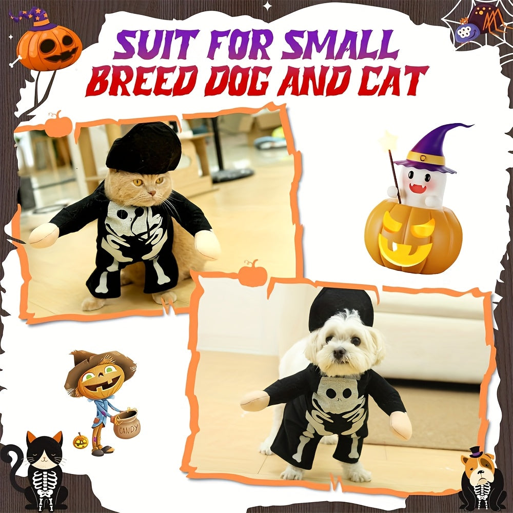 Dog Halloween Costumes Glow-in-The-Dark Skeleton Skull Outfit & Hat Small Dog Costume, Funny Scary Halloween Costumes Cosplay Clothes For Small Dog S, Black