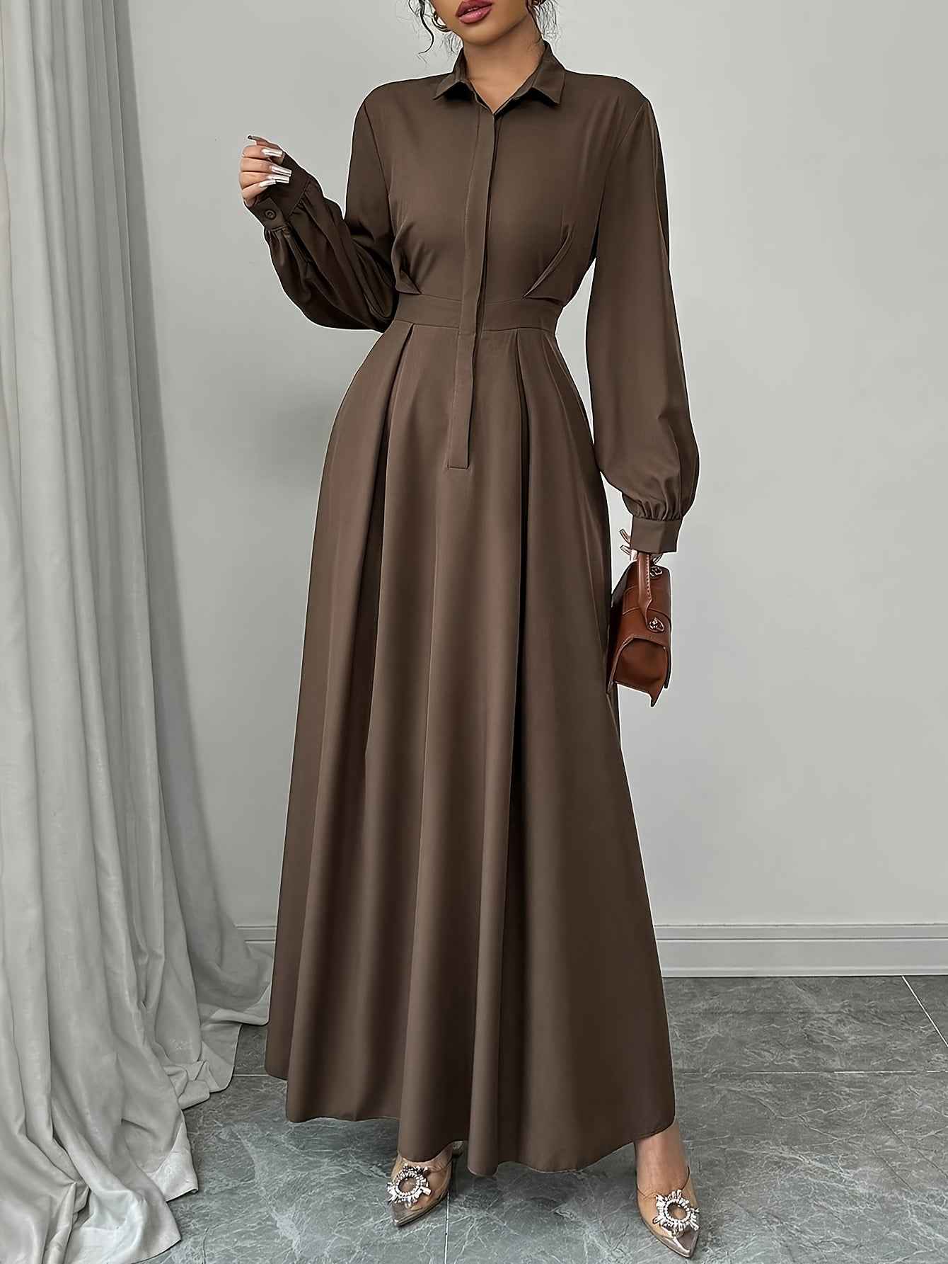 Ladies' Elegant Commuter Solid Color Lantern Sleeve Dress, Autumn Long Women Clothing Without Belt, Office Attire Dress, Daily Wear Dress, Non Belted Dress, Solid Color Dress, Minimalist Aesthetic, Solid Color Style, Tailored