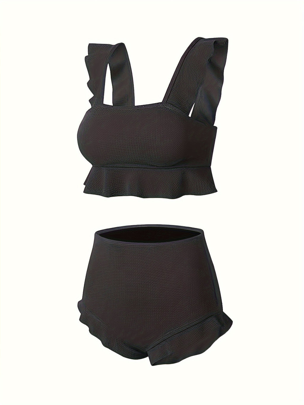 Bikini Donna 2 Pezzi Nero Vita Alta - Bordi Ruffle Elastico Tinta Unita