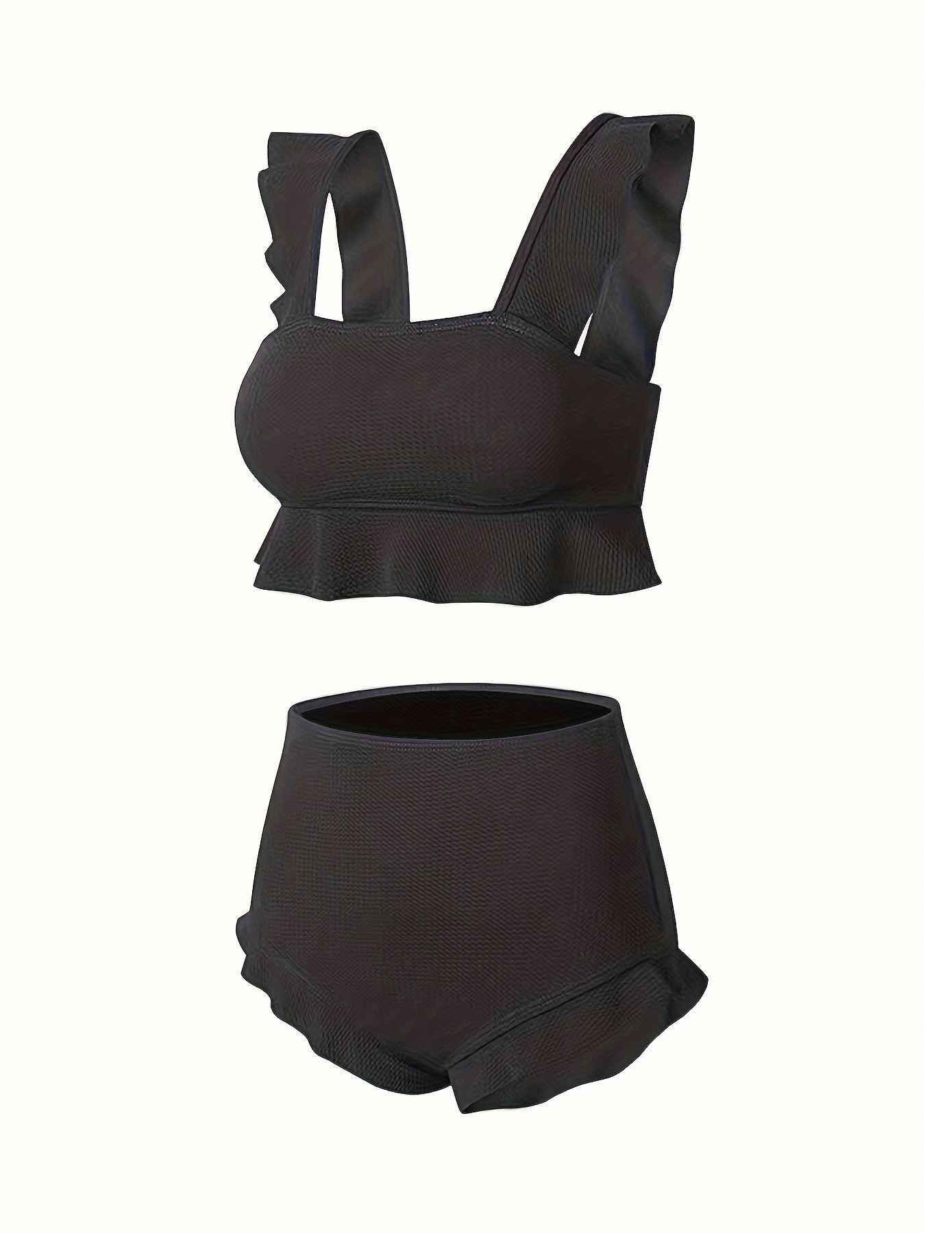 Bikini Donna 2 Pezzi Nero Vita Alta - Bordi Ruffle Elastico Tinta Unita