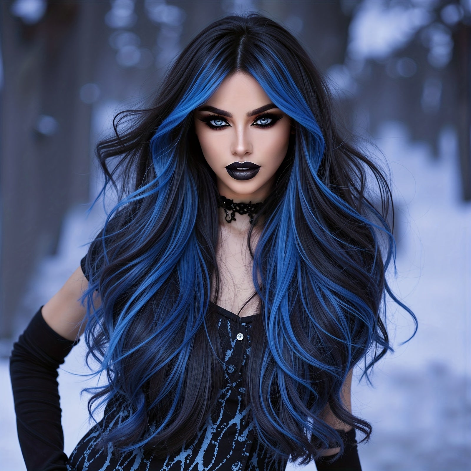 26 Inch Blue Dye Wavy Roll Women'S Wig with Mid-Parting - Vibrant Blue Ombre, Perfect for Halloween, Stage Performances, Role-Playing, Music Festivals, Carnival Costumes, Dance Parties, And More, Halloween Costumes