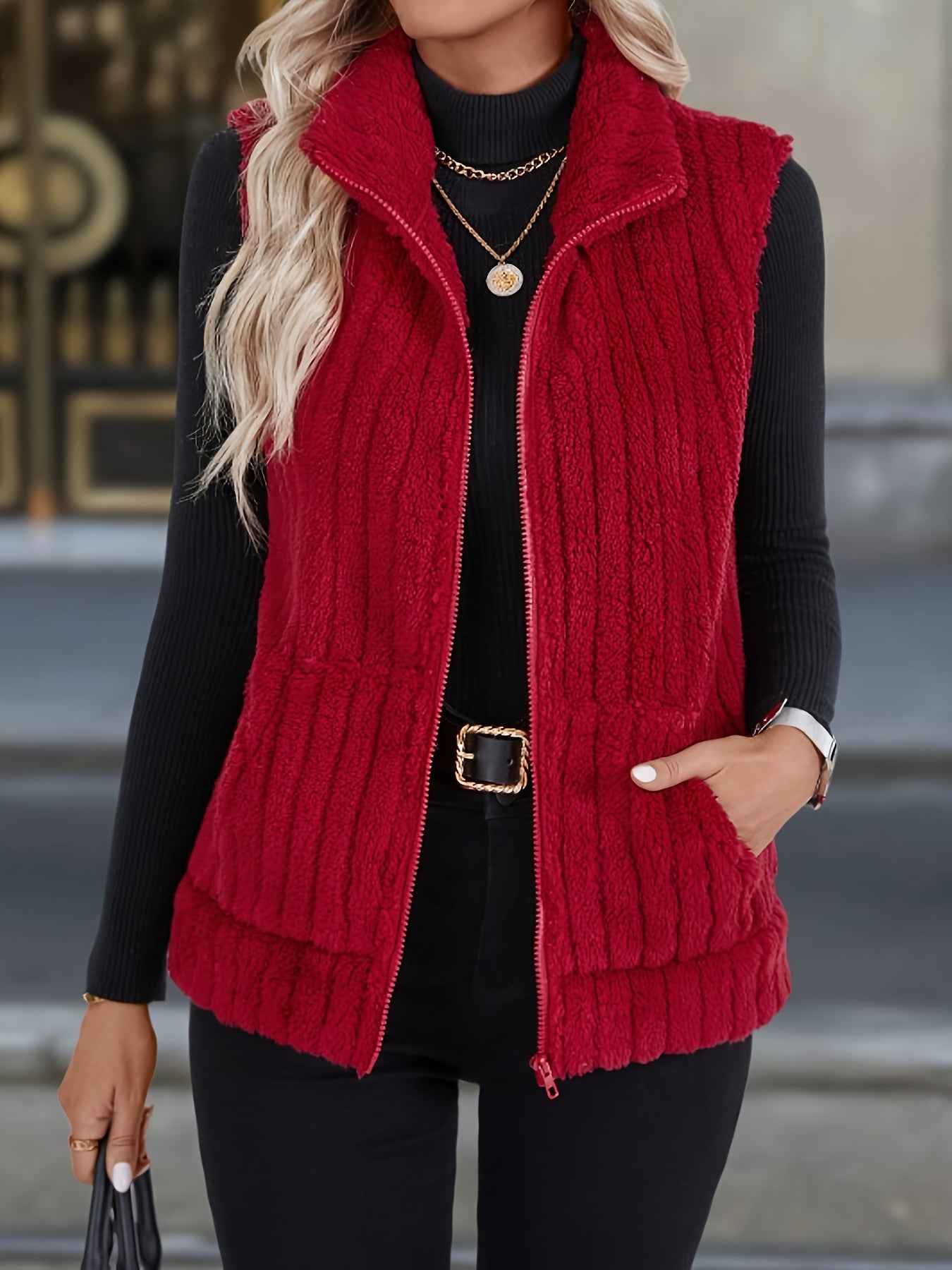 Women'S Red Plush Vest with Stand Collar & Zipper Closure - Sleeveless Winter Jacket, Soft Warm Layering Piece for Fall & Winter, Elegant Casual to Semi-Formal Outfits, All-Season Versatile Outerwear for Commuting, Shopping &