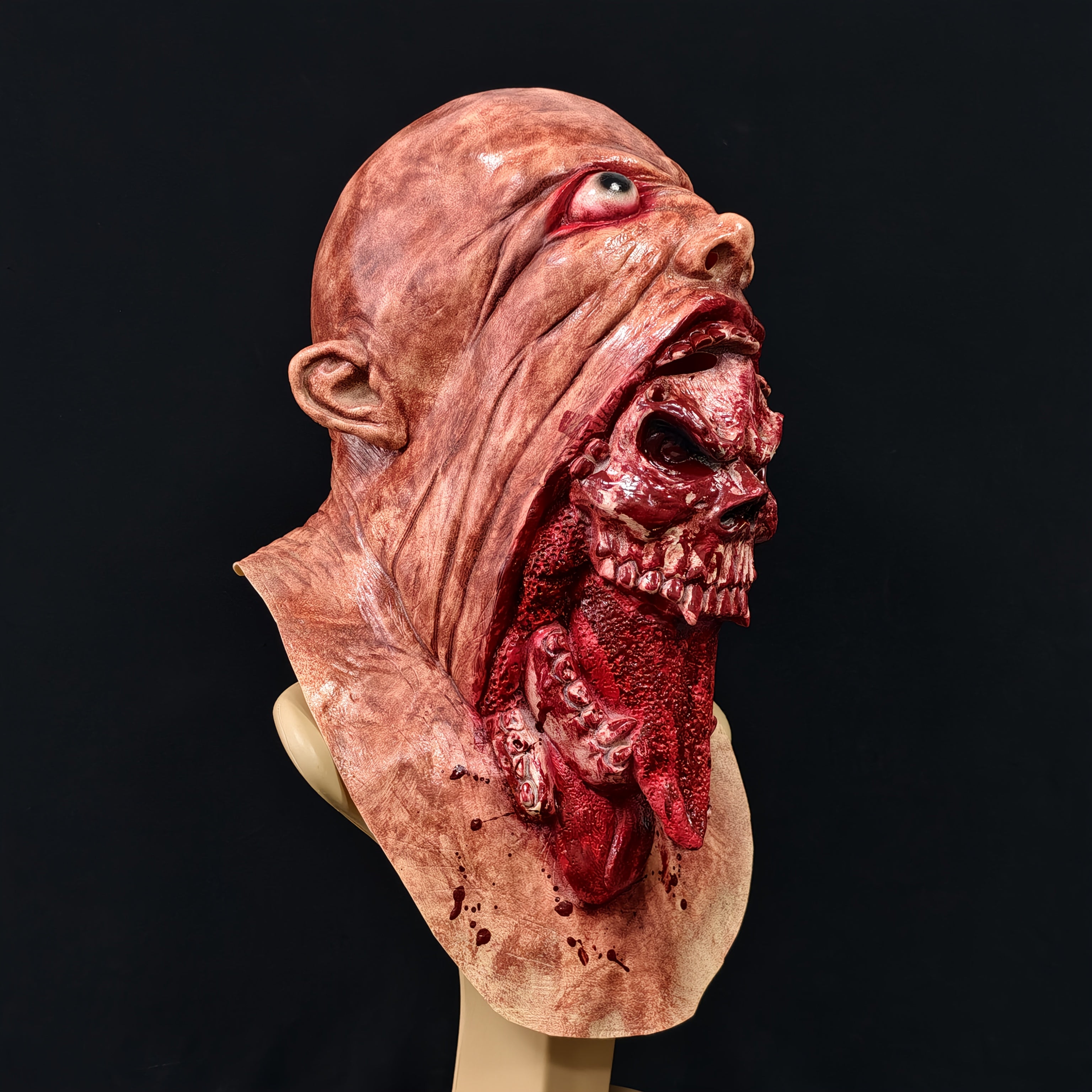 Realistic Horror Eating Head Latex Mask - Zombie Costume Party Mask with Bloody Teeth & Red Eyes, Halloween, Carnival - Non-Electric Horror Headpiece for Haunted Houses, Role-Playing Games - Easy Application & Removal, Hallow