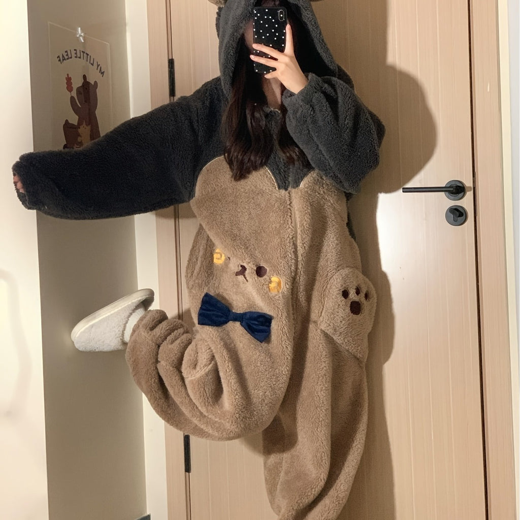 Women's thickened plush warm hooded novelty one-piece pajamas, long-sleeved zippered plush party pajamas and home clothes, cartoon bear hooded contrasting color plush jumpsuit, suitable for carnival and Halloween, Party Sleep
