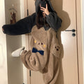 Women's thickened plush warm hooded novelty one-piece pajamas, long-sleeved zippered plush party pajamas and home clothes, cartoon bear hooded contrasting color plush jumpsuit, suitable for carnival and Halloween, Party Sleep