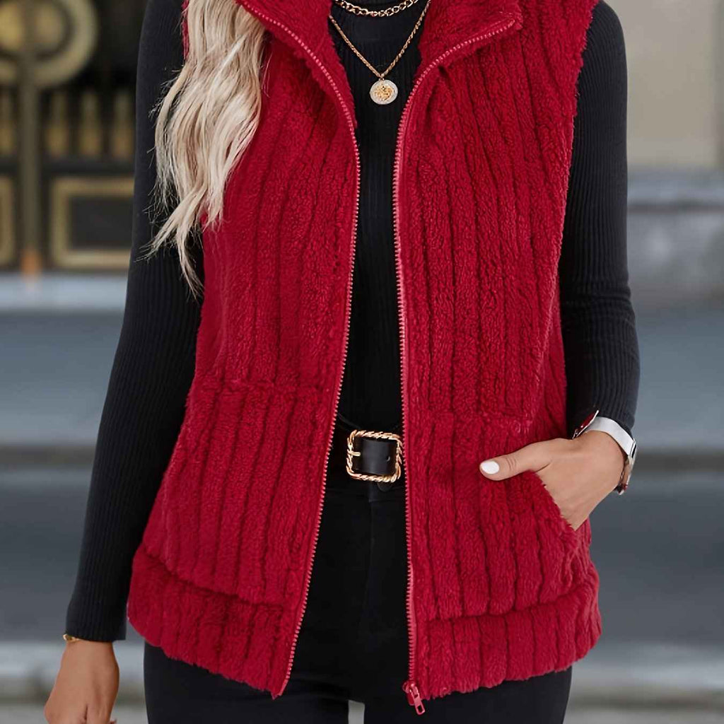 Women'S Red Plush Vest with Stand Collar & Zipper Closure - Sleeveless Winter Jacket, Soft Warm Layering Piece for Fall & Winter, Elegant Casual to Semi-Formal Outfits, All-Season Versatile Outerwear for Commuting, Shopping &