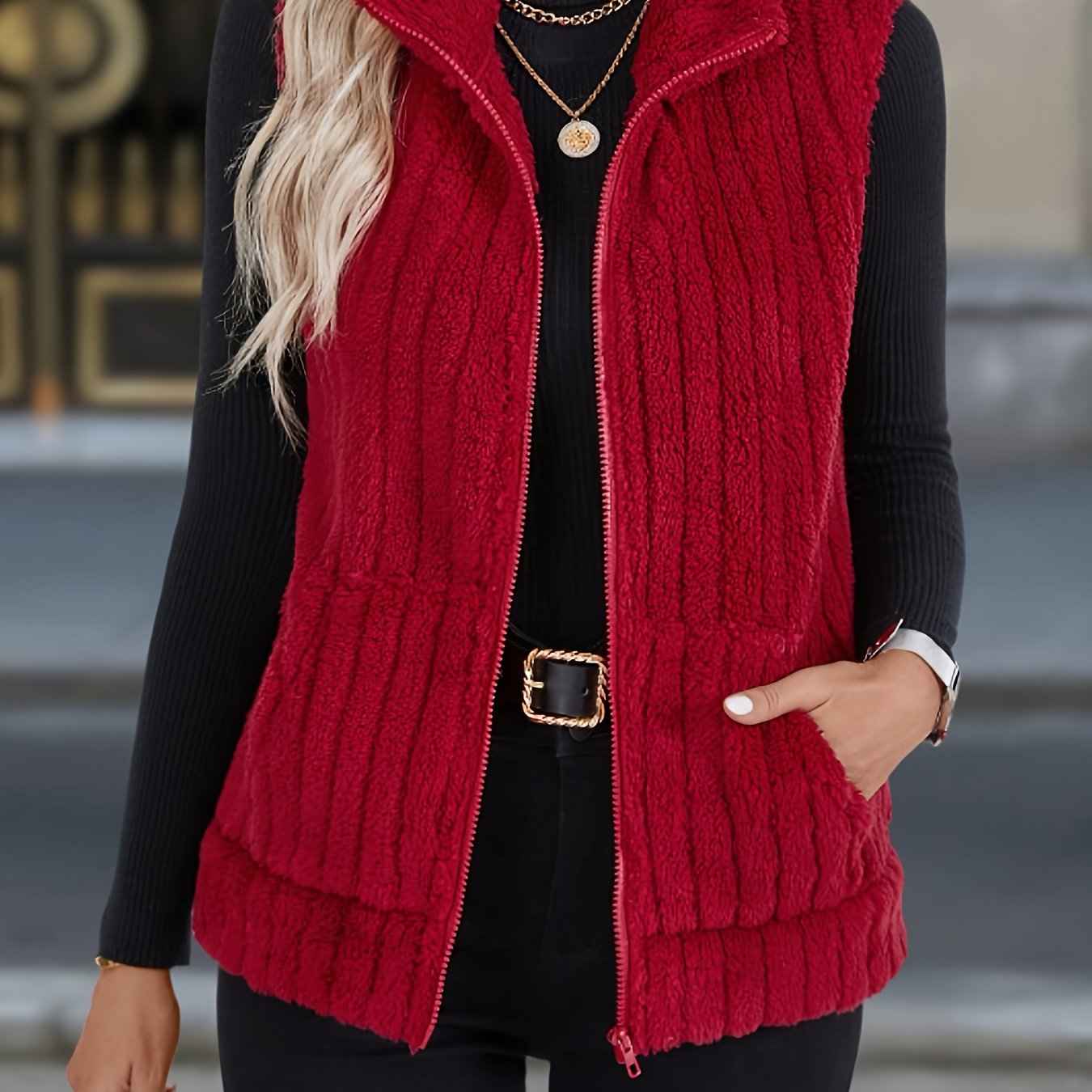 Women'S Red Plush Vest with Stand Collar & Zipper Closure - Sleeveless Winter Jacket, Soft Warm Layering Piece for Fall & Winter, Elegant Casual to Semi-Formal Outfits, All-Season Versatile Outerwear for Commuting, Shopping &