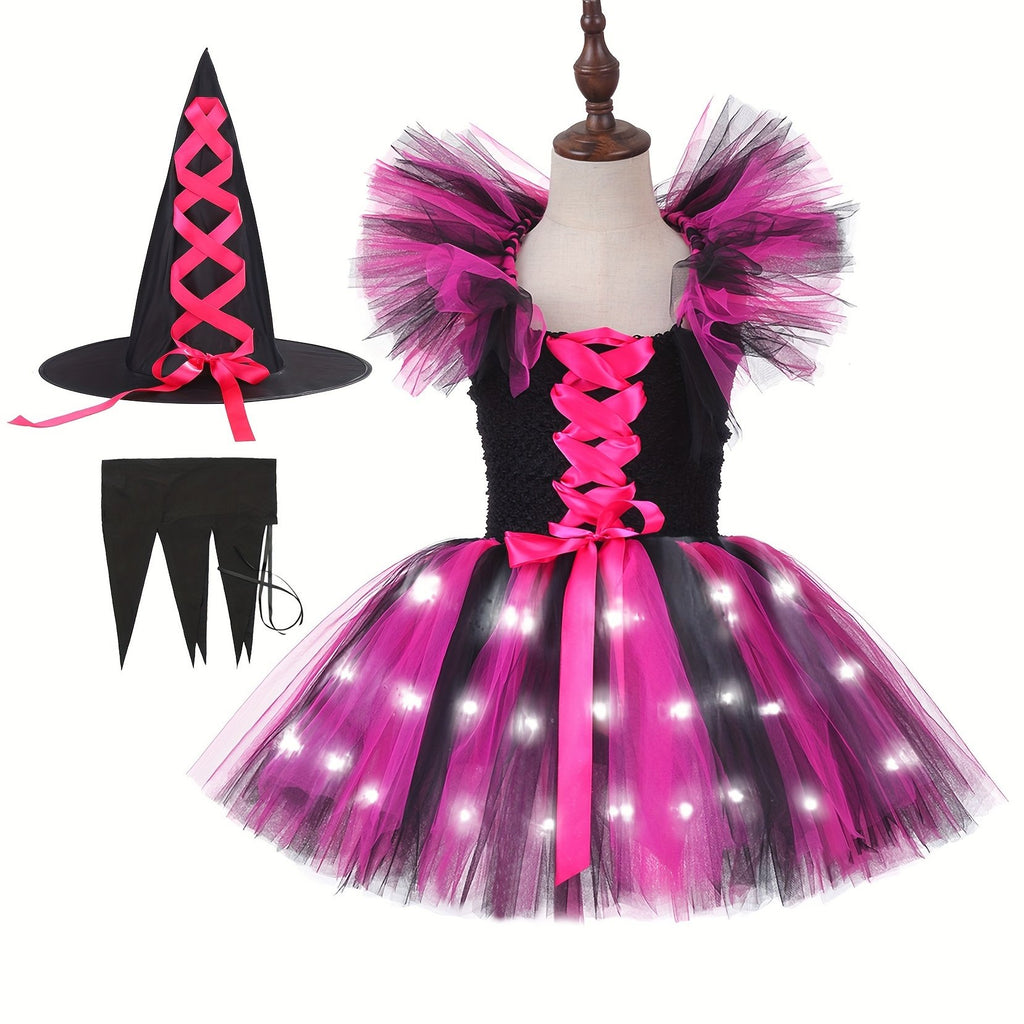 LED Witch Dress for Girls with Hat Halloween Costumes Kids Purple Tutu Dresses Clothes Outfit