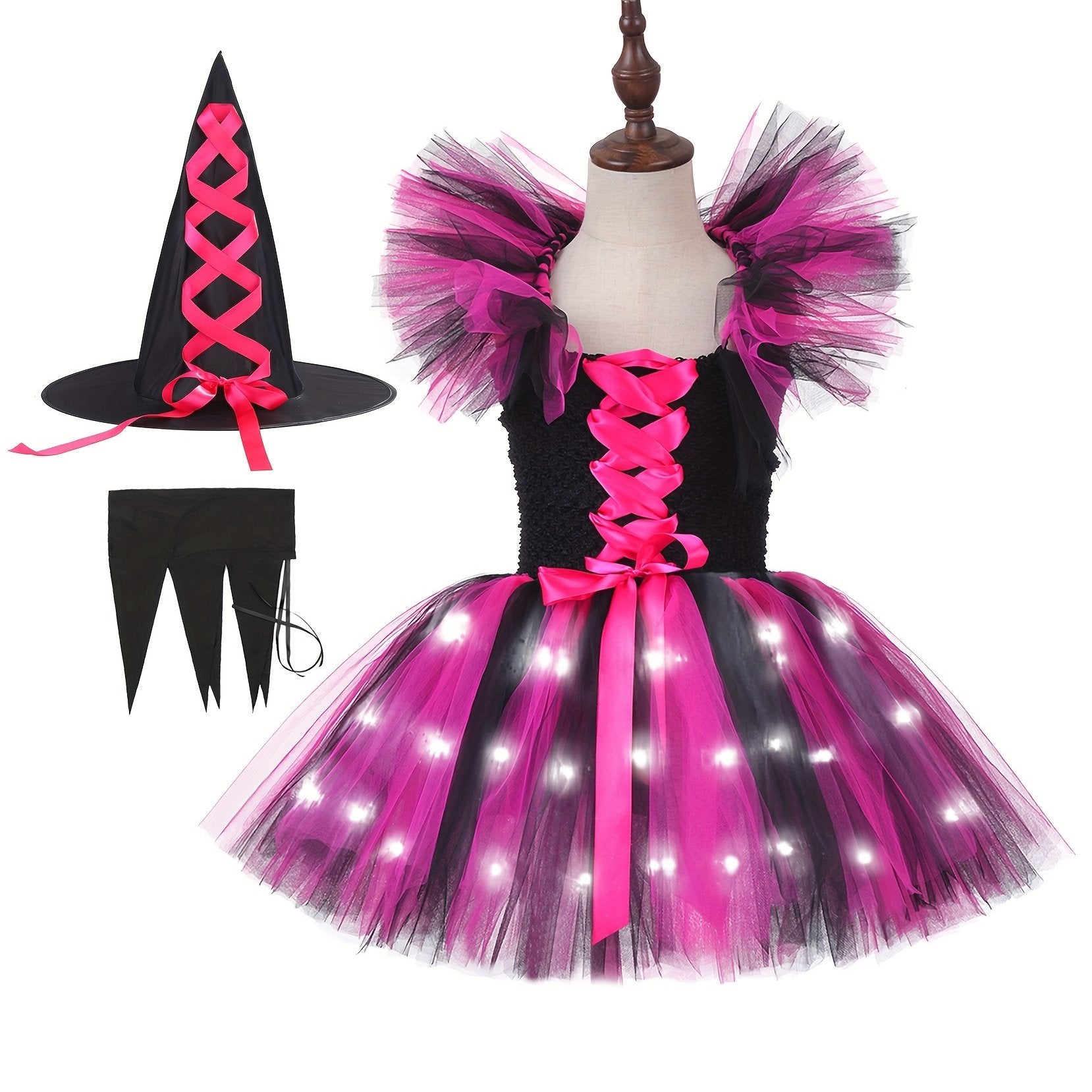 LED Witch Dress for Girls with Hat Halloween Costumes Kids Purple Tutu Dresses Clothes Outfit