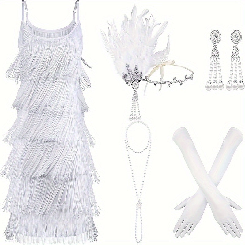 6pcs Women's 1920s Flapper Dress & Accessories Set - Vintage Roaring Twenties Costume with Headband, Necklace, Earrings, Gloves, Feather Boa & Beaded Necklace - X-Large White Fringe Dress with Layered Neckline & Long Sleeves
