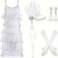 6pcs Women's 1920s Flapper Dress & Accessories Set - Vintage Roaring Twenties Costume with Headband, Necklace, Earrings, Gloves, Feather Boa & Beaded Necklace - X-Large White Fringe Dress with Layered Neckline & Long Sleeves