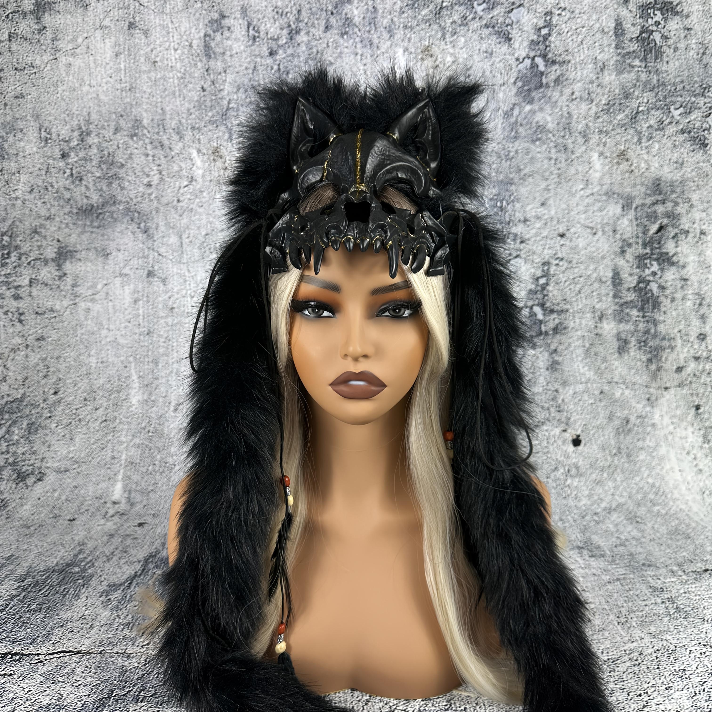 [Viking Warrior Mask] Viking Warrior and Wolf Mask with Faux Fur Headpiece | Carnival, Halloween, Winter Novelty Costume - No Battery