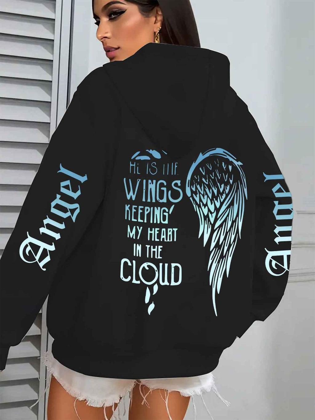 Women's Angel Wing Zipper Hoodie Jacket with Back Print "His Wings Keep Me in the Cloud" - Blue & White Gradient Wings & Lettering, Long Sleeve Front Zip Closure, Machine Washable Winter Coat, Comfortable Casual Outerwear for