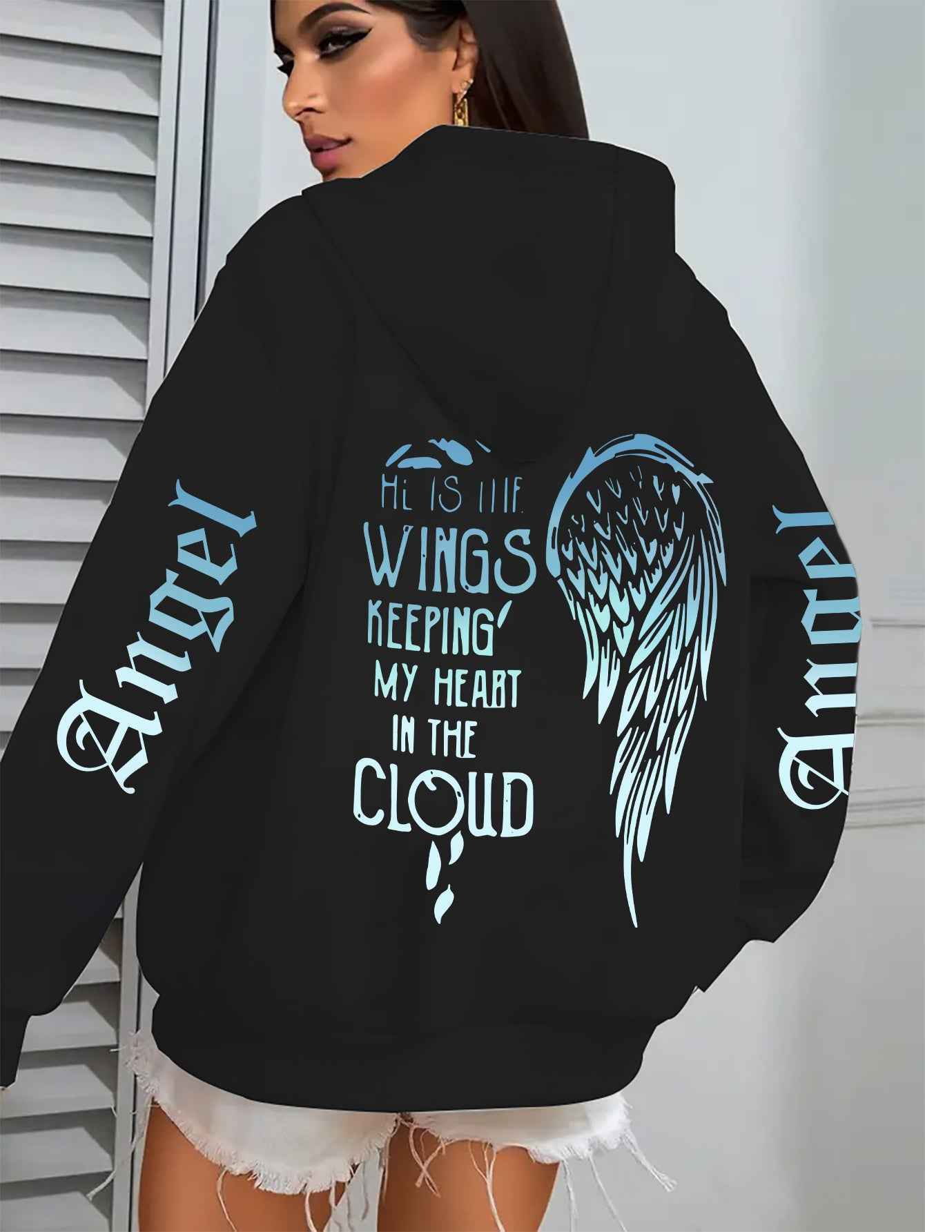 Women's Angel Wing Zipper Hoodie Jacket with Back Print "His Wings Keep Me in the Cloud" - Blue & White Gradient Wings & Lettering, Long Sleeve Front Zip Closure, Machine Washable Winter Coat, Comfortable Casual Outerwear for