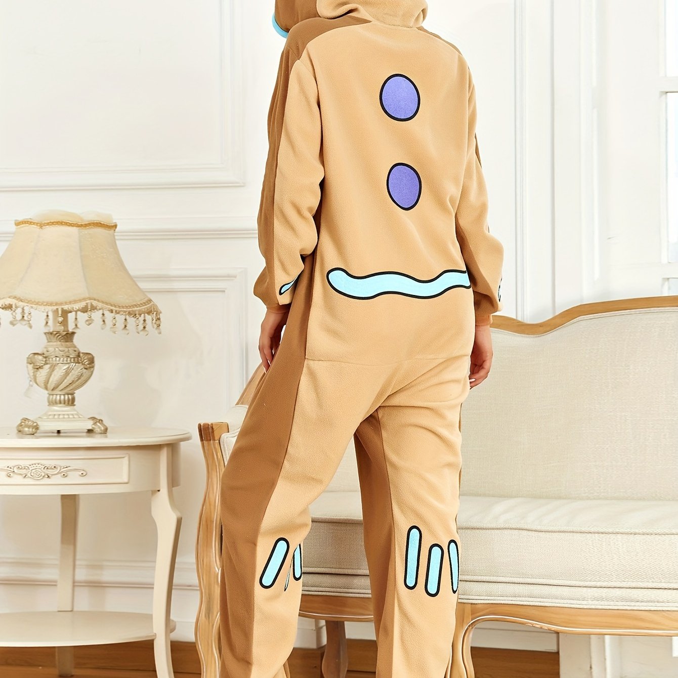 Unisex Long Sleeve Long Pants Warm Polar Fleece Fall/Winter Onesie Costumes One Piece Cosplay Pajama Sleepwear for Adult Gingerbread Men