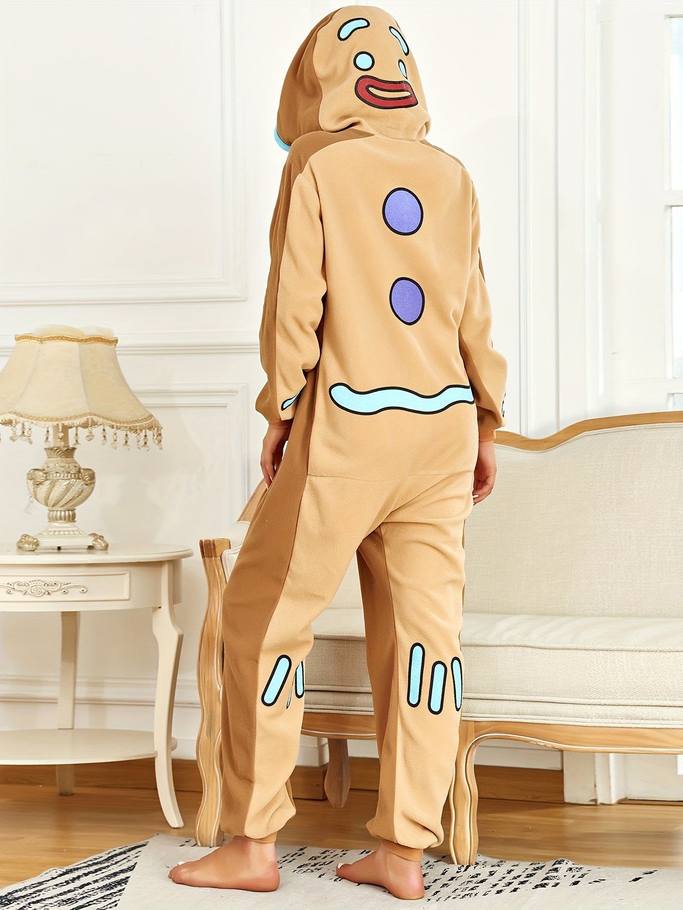 Unisex Long Sleeve Long Pants Warm Polar Fleece Fall/Winter Onesie Costumes One Piece Cosplay Pajama Sleepwear for Adult Gingerbread Men