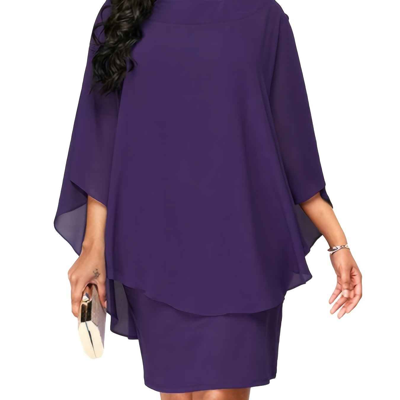 Plus Size, Plus Size Women's Classic Solid Color Cover-Up Faux Two-Piece Blouse Chiffon Dress