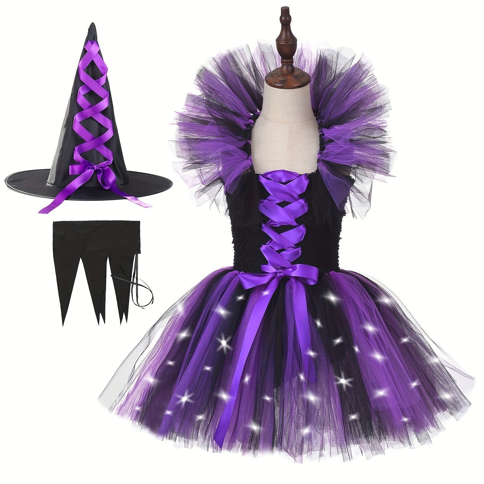 LED Witch Dress for Girls with Hat Halloween Costumes Kids Purple Tutu Dresses Clothes Outfit