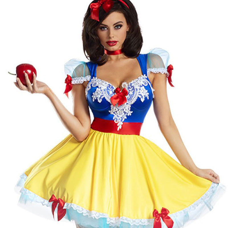 Plus Size Women's Officially Licensed Snow White Costume Dress - Adult Tale Party Outfit with Iconic Blue/Yellow/Pink Bow & Red Ribbon Belt, Lace Trim - Complete Character Costume for Halloween, Cosplay Events, Halloween Cost