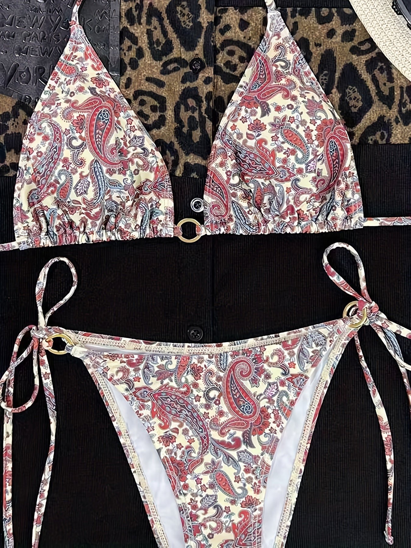 Bikini Donna 2 Pezzi Stampa Paisley Fiori - Triangolo Halter con Anello Regolabile