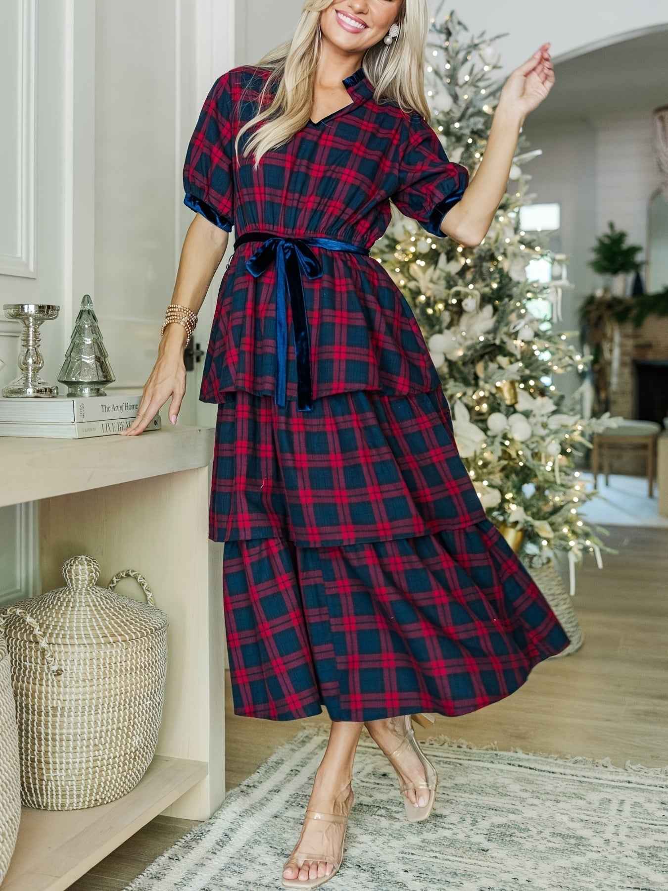 Women Red And Blue Plaid Tiered Midi Dress with Velvet Belt, V-neck, Velvet Fabric Paneling At Neckline And Cuffs, Ruffled Velvet Neckline, Short Puff Sleeves, Tied Waist, Tiered Bodice, Perfect for Christmas Festival And Any