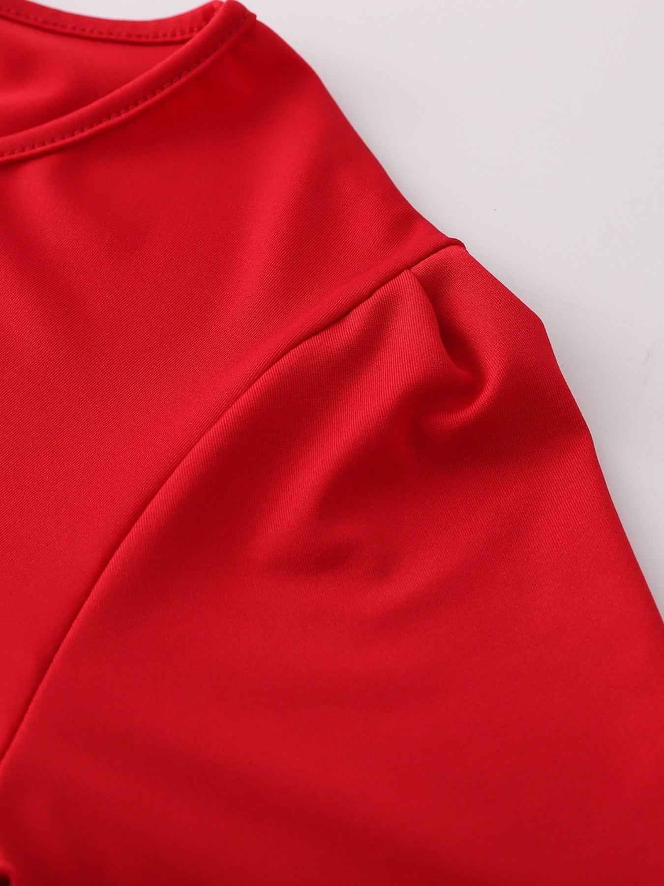 Women'S Plus Size Floral Print Red Colorblock Midi Dress with Short Sleeves - Elegant Crew Neck, Medium Stretch Polyester Fabric, Perfect for All Seasons