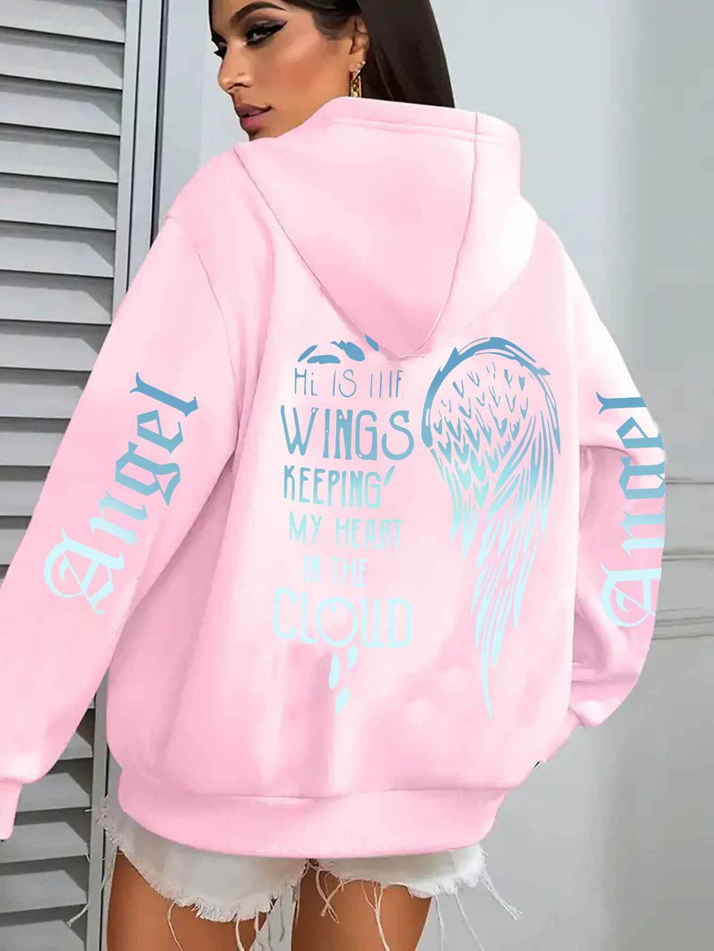 Women's Angel Wing Zipper Hoodie Jacket with Back Print "His Wings Keep Me in the Cloud" - Blue & White Gradient Wings & Lettering, Long Sleeve Front Zip Closure, Machine Washable Winter Coat, Comfortable Casual Outerwear for
