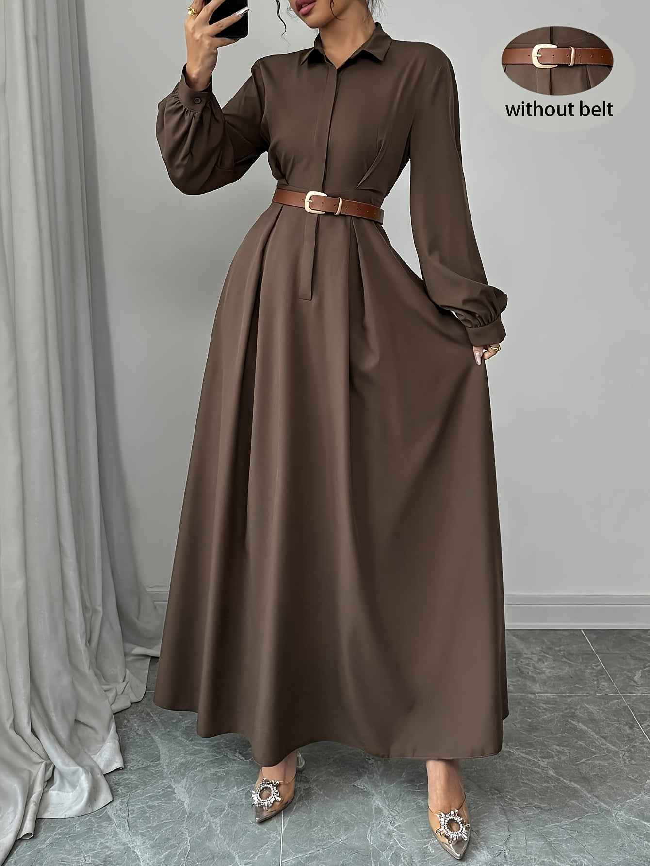 Ladies' Elegant Commuter Solid Color Lantern Sleeve Dress, Autumn Long Women Clothing Without Belt, Office Attire Dress, Daily Wear Dress, Non Belted Dress, Solid Color Dress, Minimalist Aesthetic, Solid Color Style, Tailored
