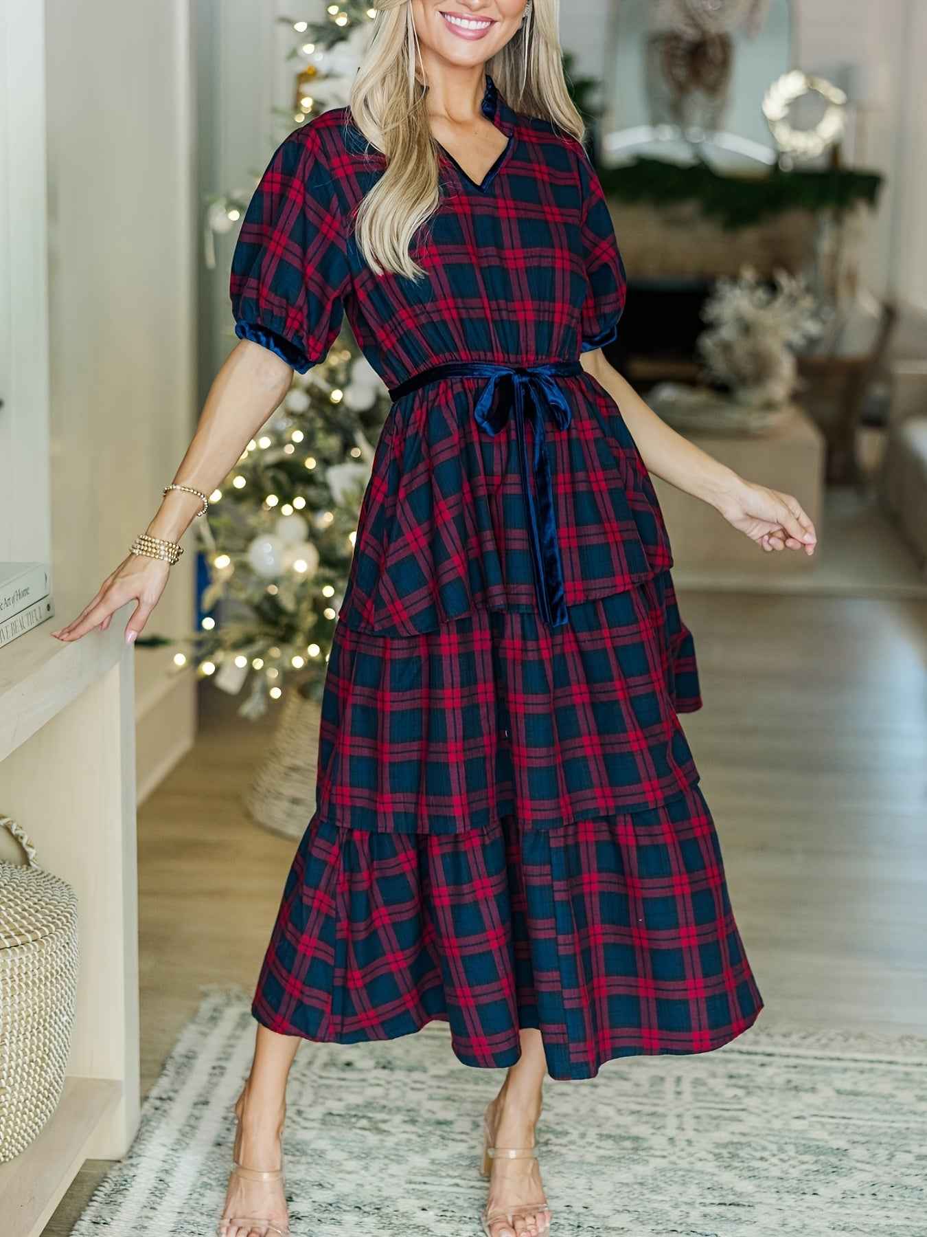 Women Red And Blue Plaid Tiered Midi Dress with Velvet Belt, V-neck, Velvet Fabric Paneling At Neckline And Cuffs, Ruffled Velvet Neckline, Short Puff Sleeves, Tied Waist, Tiered Bodice, Perfect for Christmas Festival And Any