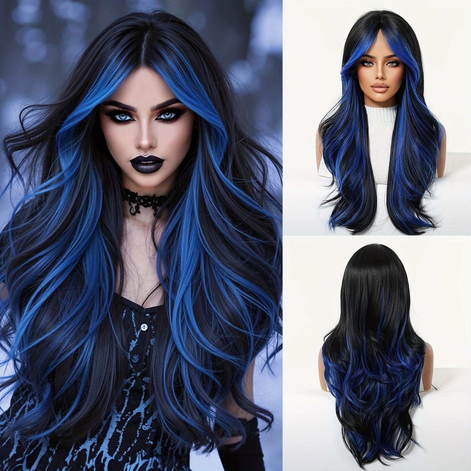 Parrucca Donna Blu Ondulata 66 cm – Effetto Ombre, Riga Centrale