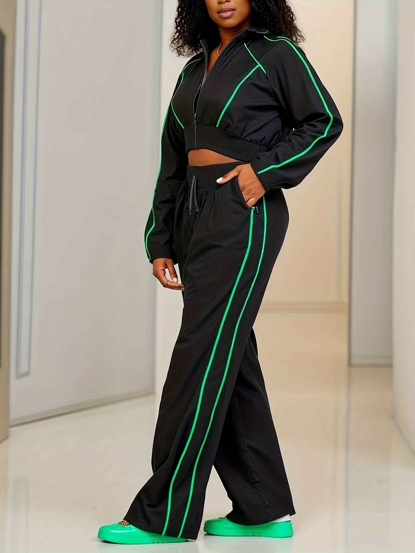 Two-Piece Hooded Zip Top with Side Striped Trousers Women'S Casual, Women Two Piece Set, Women Clothes, Set Women Outfit, Summer Outfit For Women, Pant Set Women Outfit, Outfit For Women Set, Short Set For Women, Women Set Ou
